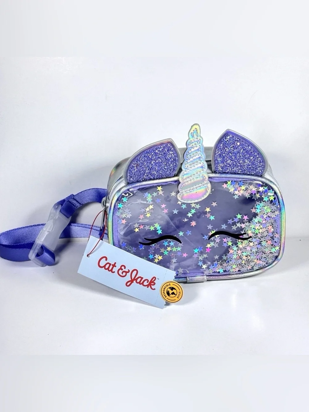 Cat & Jack Kids Fanny Pack Purple Unicorn Glitter Waist Bag with Stars